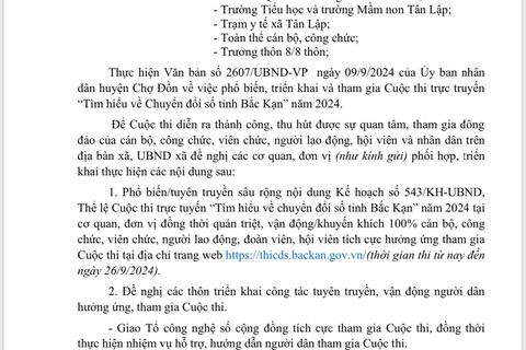 PHỔ BIẾN TRIỂN KHAI VÀ THAM GIA CUỘC THI TRỰC TUYẾN TÌM HIỂU VỀ CHUYỂN ĐỔI SỐ TỈNH BẮC KẠN NĂM 2024