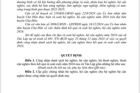 quyết định công nhận danh sách hộ nghèo, hộ cận nghèo, thoát nghèo, thoát cận nghèo năm 2024
